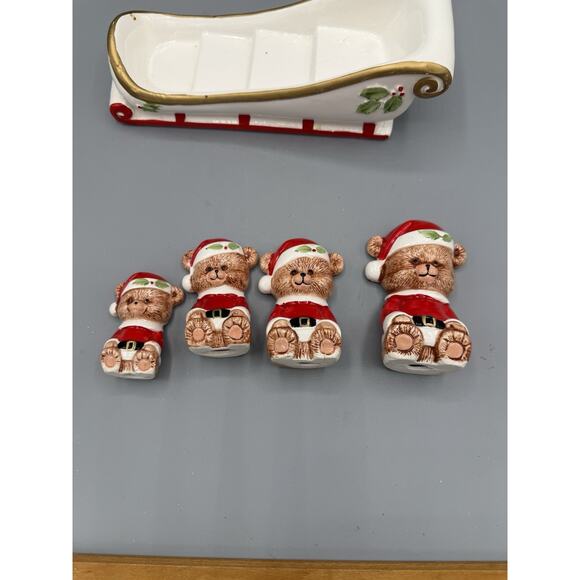 Ceramic Santa Bear Sleigh Set Christmas Centerpiece 5 Pc — Read Cracks on One - Picture 5 of 12